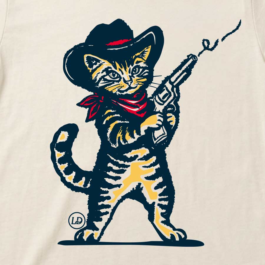 Wilder Than the West cowboy kitten graphic tee on a Bella+Canvas 3001 Vintage White unisex shirt.