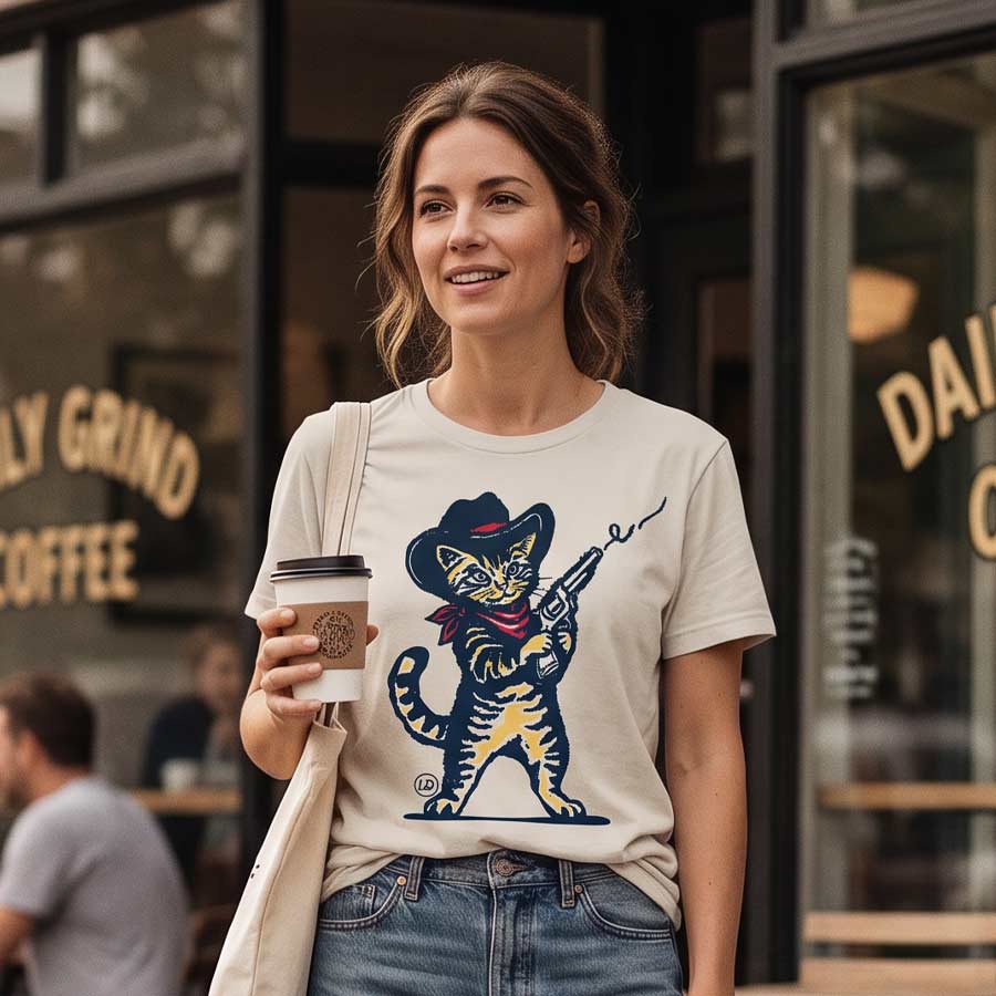 A woman wearing a beige graphic t-shirt with a cartoon cat in a cowboy hat holding a rifle, standing in front of a coffee shop window and holding a takeaway coffee cup.