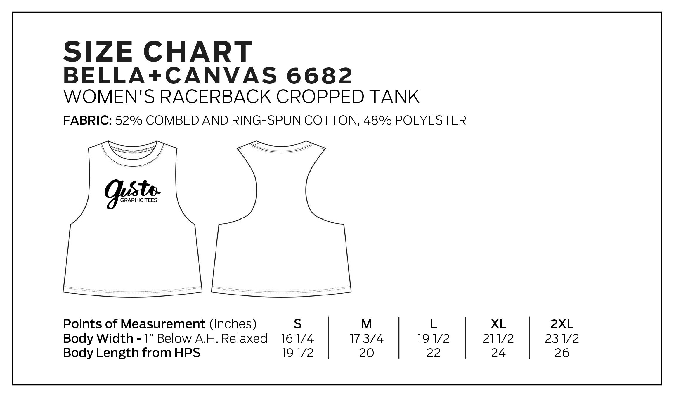 Bella+Canvas 6682 Size Chart, Women's Racerback cropped tank
