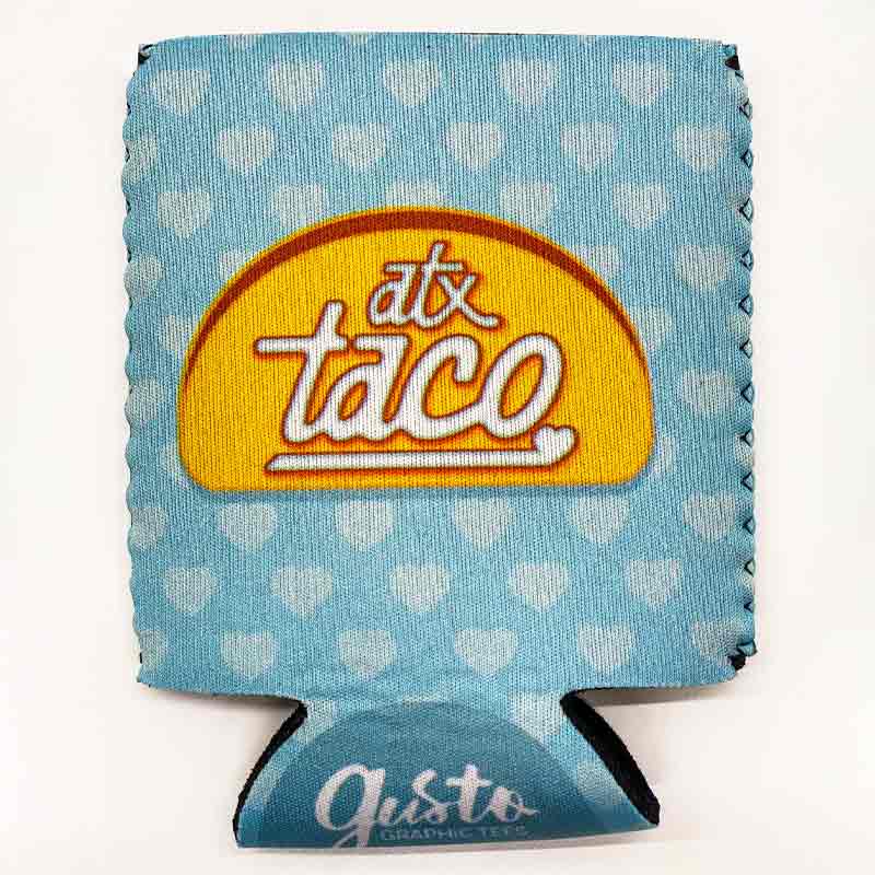 ATX Taco Love Neoprene Can Cooler, Austin, Texas Taco Love, Taco Koozie, Taco can cooler, Taco Love Graphic Can Cooler by Gusto Graphic Tees