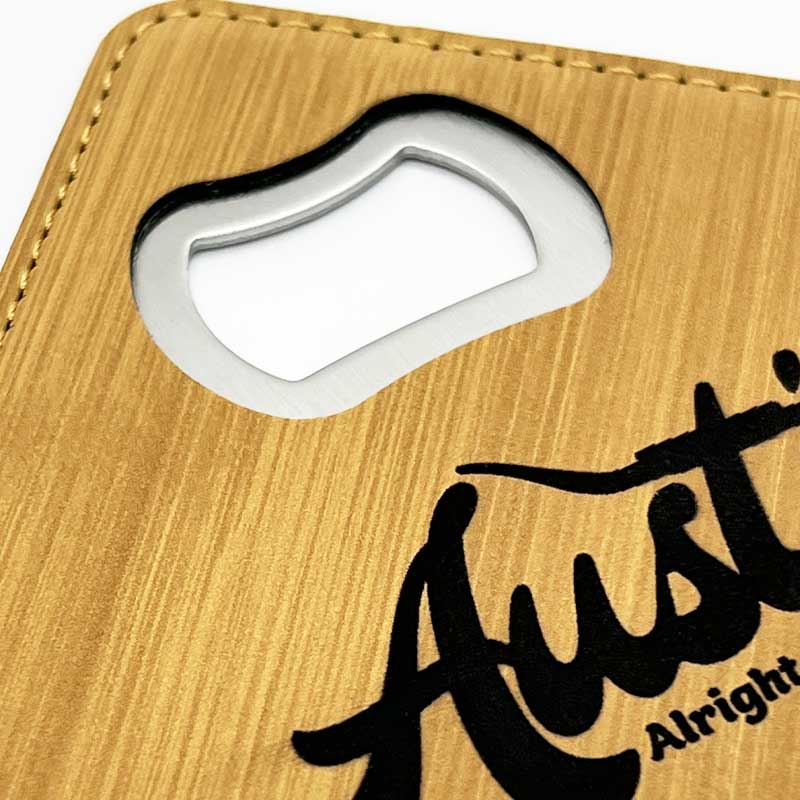 Alright Alright Alright, Austin Texas, 4" x 4" Square Bamboo Leatherette Coaster with Bottle Opener
