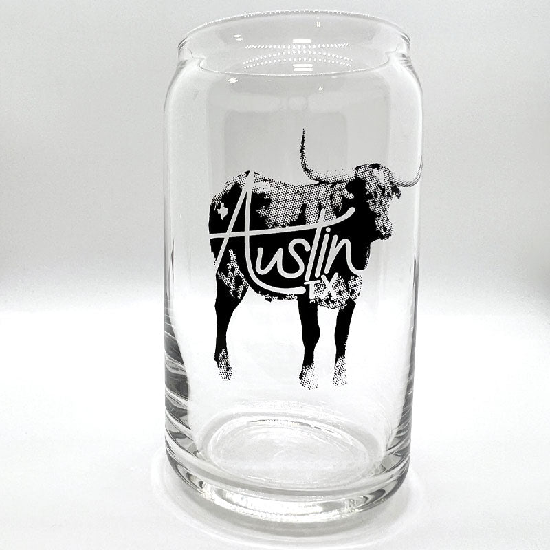 Austin Longhorn 16oz Can Glass | Austin Drinkware | Gusto Graphic Tees 