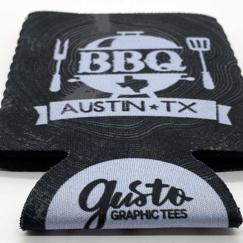 Texas BBQ Can Cooler, Texas Barbecue can Cooler, Texas Koozie,  Neoprene Can Cooler, Texas Beer Design designed by Gusto Graphic Tees