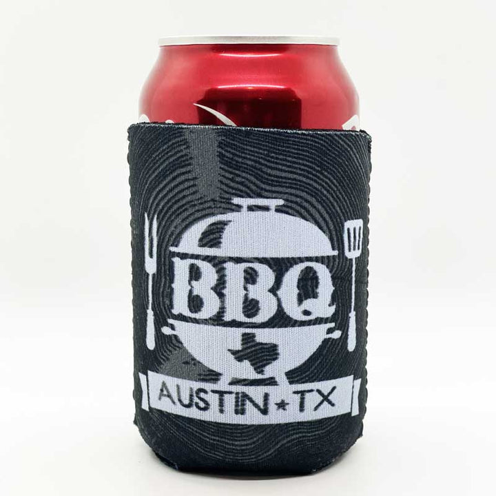 Texas BBQ Can Cooler, Texas Barbecue can Cooler, Texas Koozie,  Neoprene Can Cooler, Texas Beer Design designed by Gusto Graphic Tees