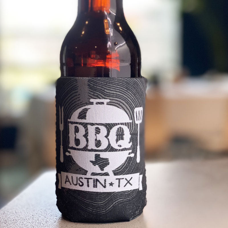 Texas BBQ Can Cooler, Texas Barbecue can Cooler, Texas Koozie,  Neoprene Can Cooler, Texas Beer Design designed by Gusto Graphic Tees