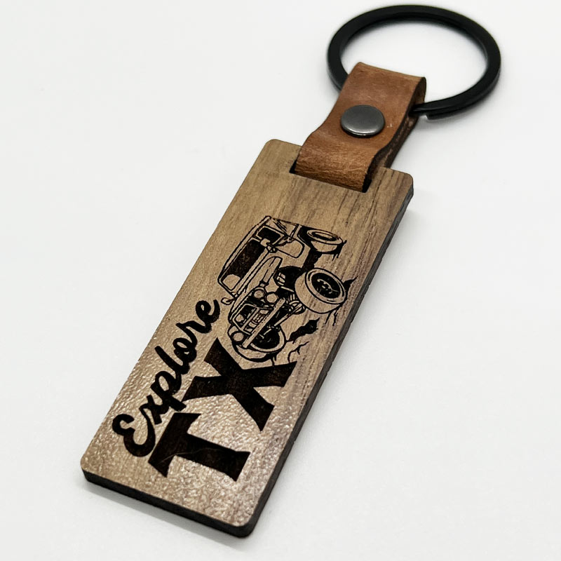 Explore Texas Walnut/Leather keychain, Glowforge handmade keychain