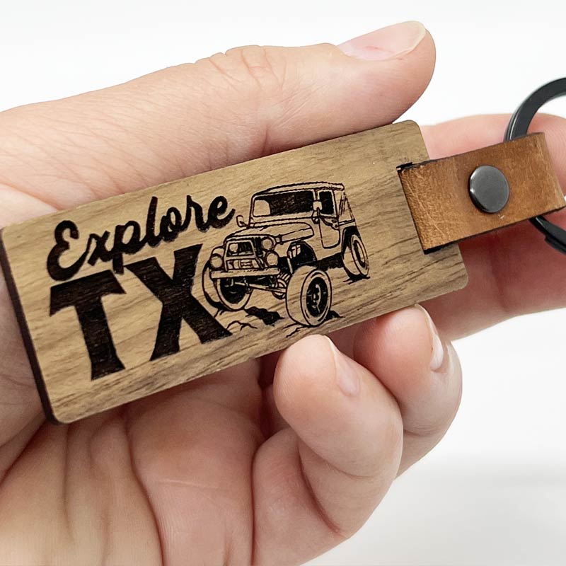 Explore Texas Walnut/Leather keychain, Glowforge handmade keychain