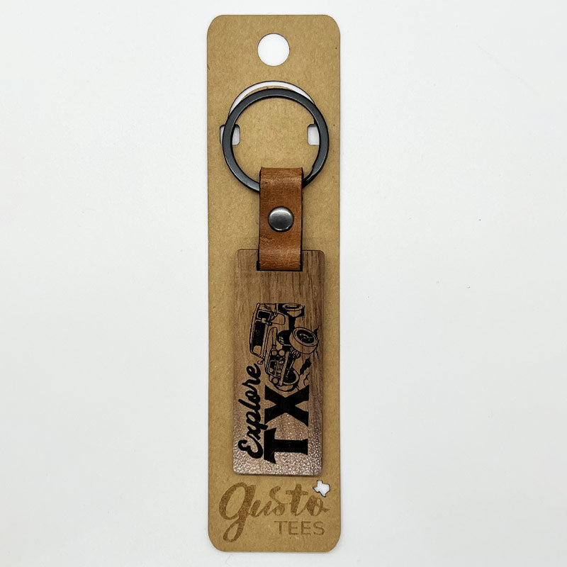 Explore Texas Walnut/Leather keychain, Glowforge handmade keychain