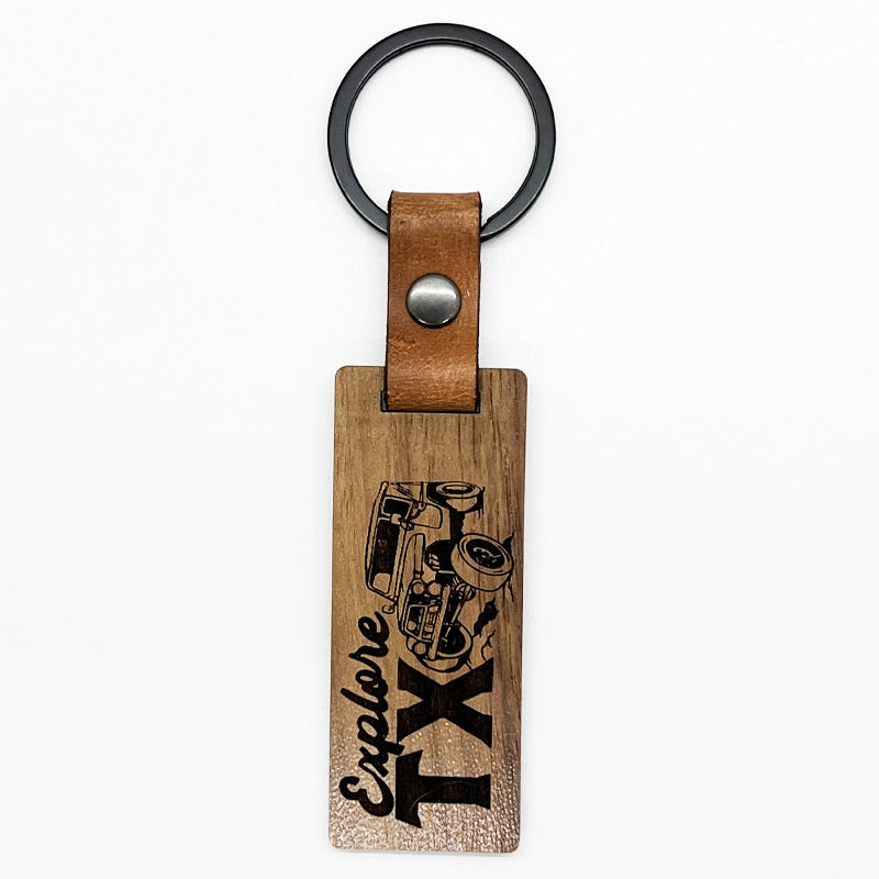Explore Texas Walnut/Leather keychain, Glowforge handmade keychain