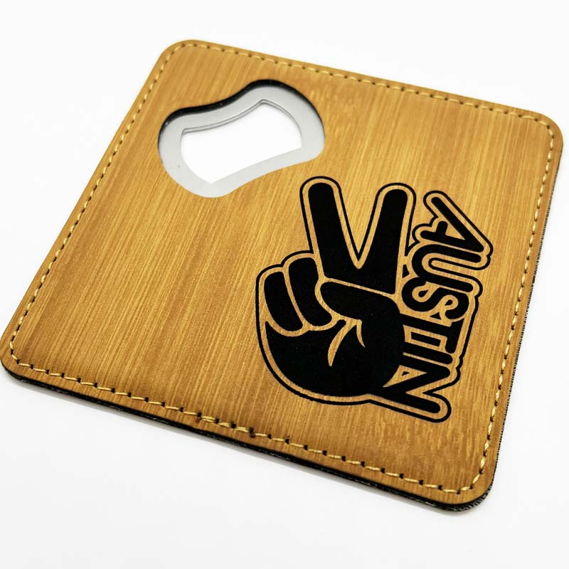 Groovy Austin Peace Bamboo Leatherette Coaster with Bottle Opener