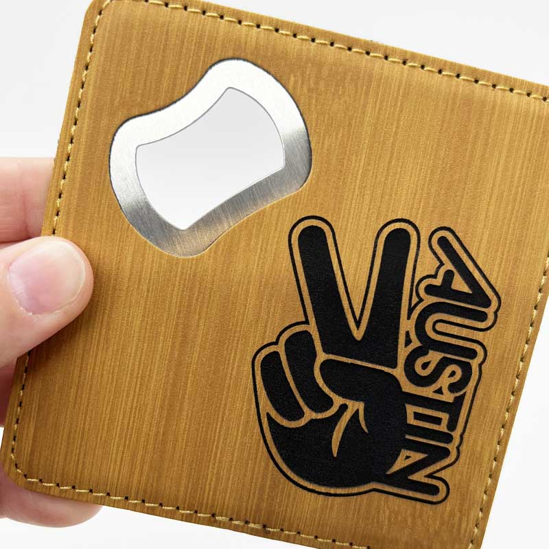 Groovy Austin Peace Bamboo Leatherette Coaster with Bottle Opener