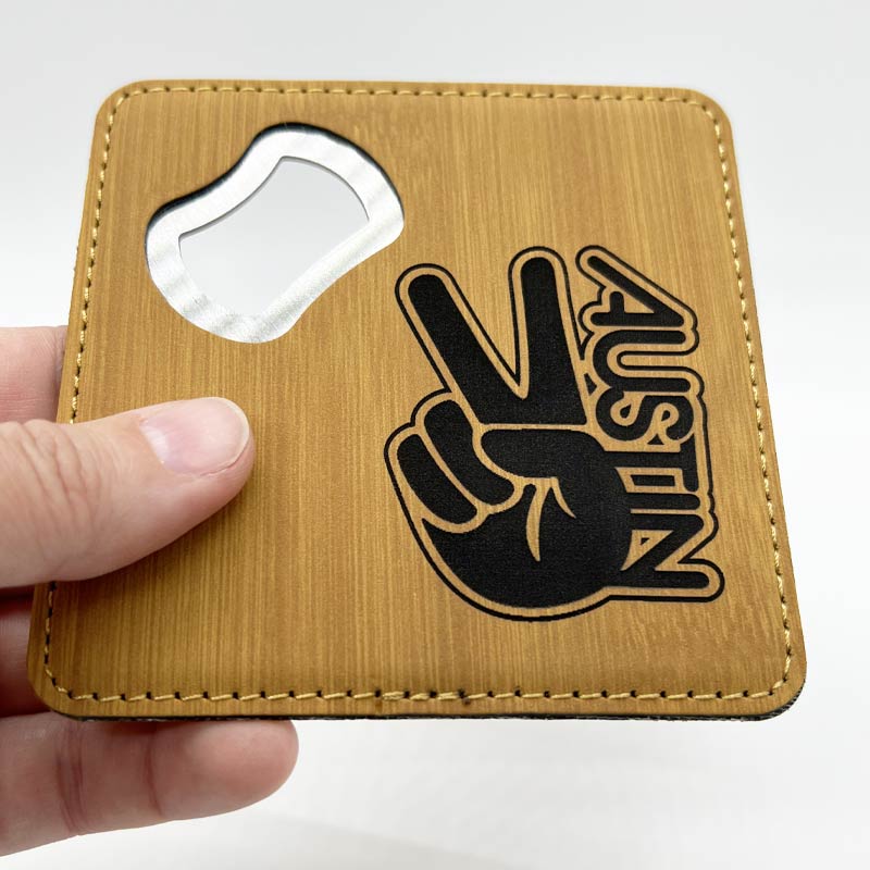 Groovy Austin Peace Bamboo Leatherette Coaster with Bottle Opener