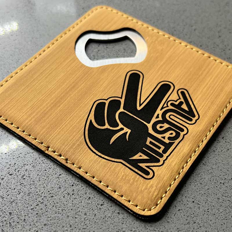 Groovy Austin Peace Bamboo Leatherette Coaster with Bottle Opener