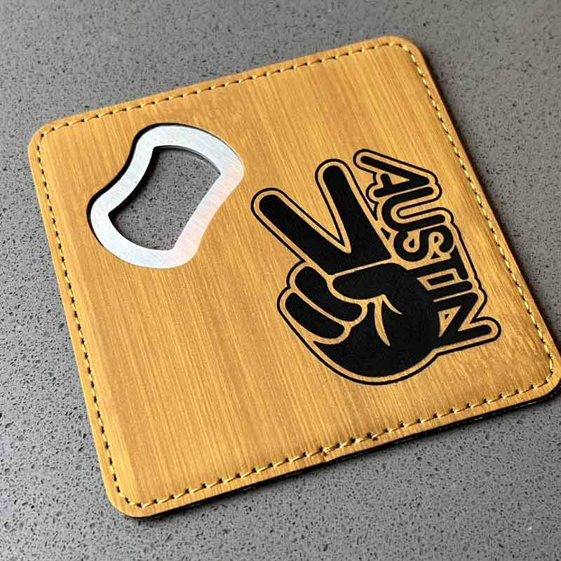 Groovy Austin Peace Bamboo Leatherette Coaster with Bottle Opener