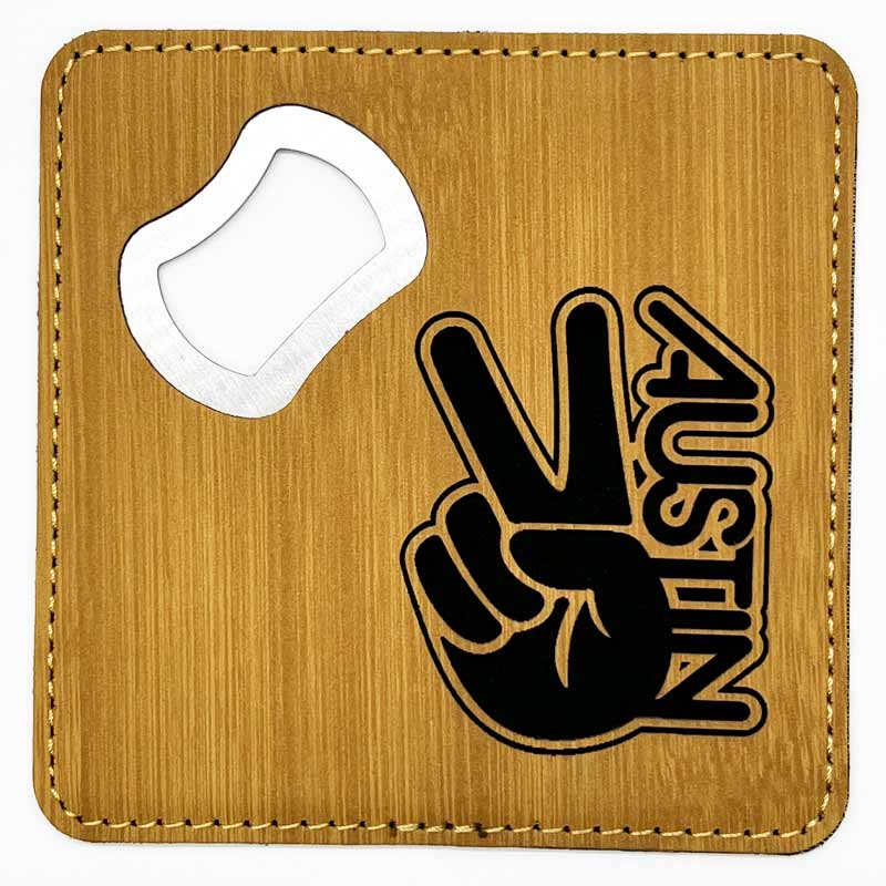 Groovy Austin Peace Bamboo Leatherette Coaster with Bottle Opener