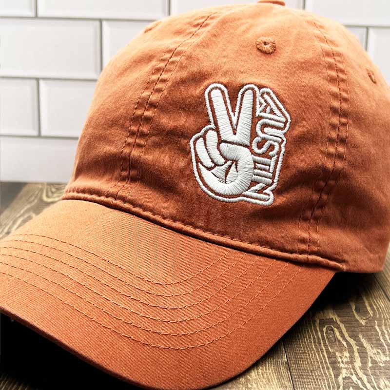 Groovy Austin Vintage Dad Cap, Burnt Orange Texas hat, Texas Orange Cap, Peace Austin Burnt orange hat, Austin, Texas