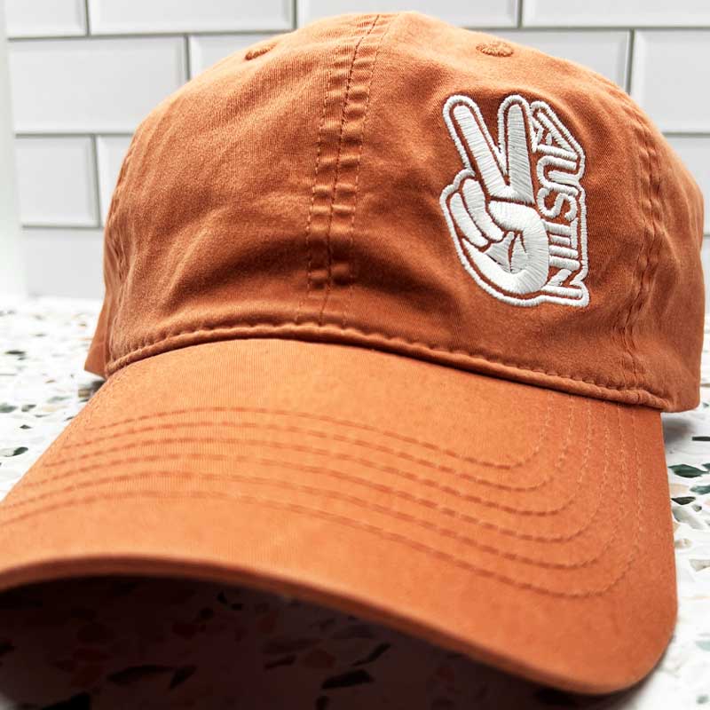 Groovy Austin Vintage Dad Cap, Burnt Orange Texas hat, Texas Orange Cap, Peace Austin Burnt orange hat, Austin, Texas