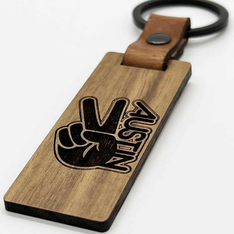 Groovy Austin Walnut/Leather keychain, Glowforge handmade keychain