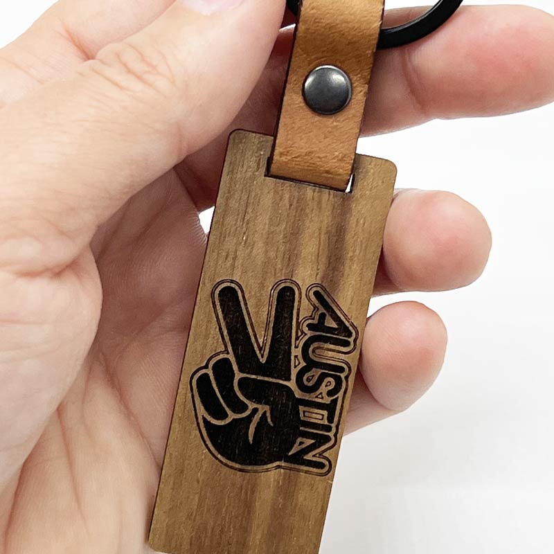 Groovy Austin Walnut/Leather keychain, Glowforge handmade keychain