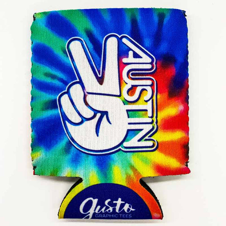 Groovy Austin Texas Can Cooler, Neoprene Can Cooler, Peace sign, Austin, Texas, Austin Koozie, Austin Neoprene Can Cooler, Austin, Texas, Tie Dye Can Cooler