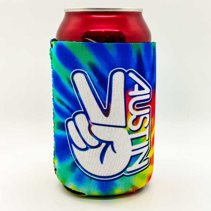 Groovy Austin Texas Can Cooler, Neoprene Can Cooler, Peace sign, Austin, Texas, Austin Koozie, Austin Neoprene Can Cooler, Austin, Texas, Tie Dye Can Cooler