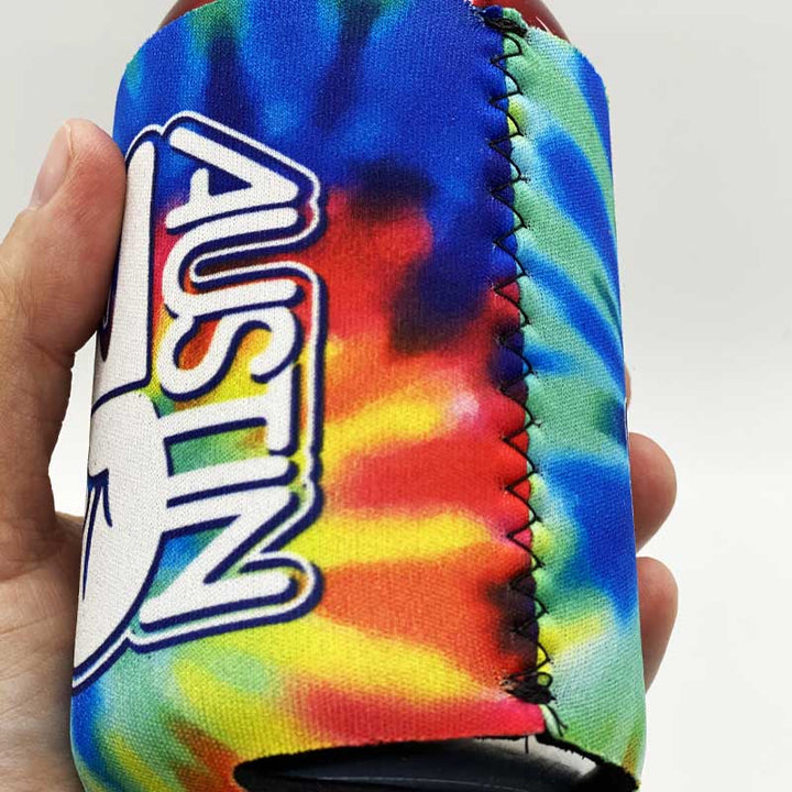Groovy Austin Texas Can Cooler, Neoprene Can Cooler, Peace sign, Austin, Texas, Austin Koozie, Austin Neoprene Can Cooler, Austin, Texas, Tie Dye Can Cooler