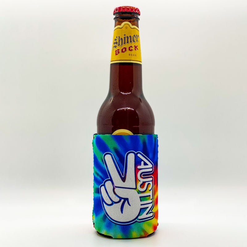 Groovy Austin Texas Can Cooler, Neoprene Can Cooler, Peace sign, Austin, Texas, Austin Koozie, Austin Neoprene Can Cooler, Austin, Texas, Tie Dye Can Cooler