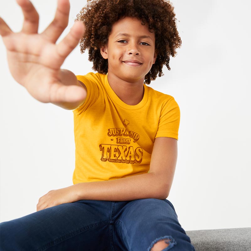 Just A Kid Fom Texas T-shirt, Texas Youth Tee, Texas Youth shirt, yellow youth tee, Bella+Canvas Yellow Tshirt