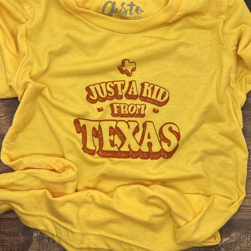 Just A Kid Fom Texas T-shirt, Texas Youth Tee, Texas Youth shirt, yellow youth tee, Bella+Canvas Yellow Tshirt