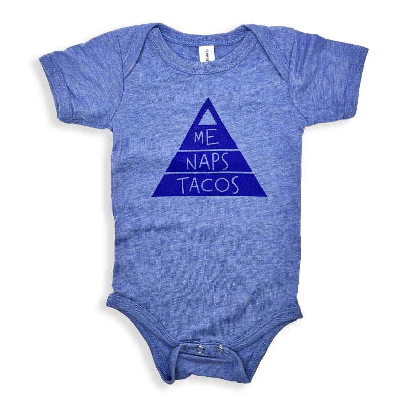 Mom Pyramid onesie, Bella+canvas blue onesie, naps, tacos, baby onesie