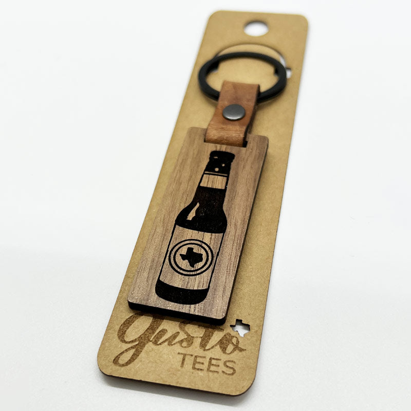 Texas Beer Walnut/Leather keychain, Texas keychain, Glowforge handmade keychain