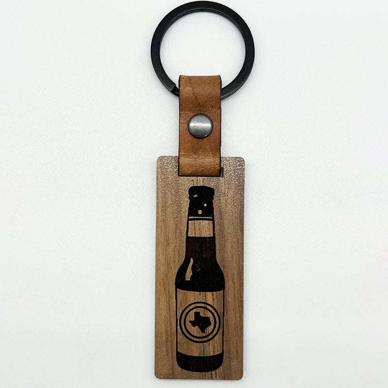 Texas Beer Walnut/Leather keychain, Texas keychain, Glowforge handmade keychain
