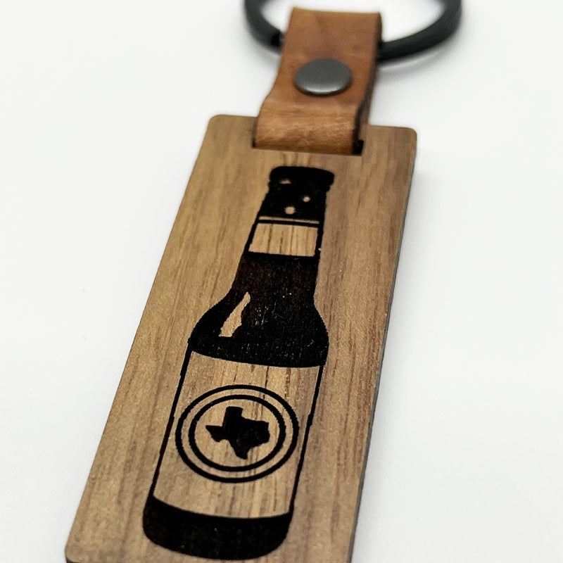 Texas Beer Walnut/Leather keychain, Texas keychain, Glowforge handmade keychain