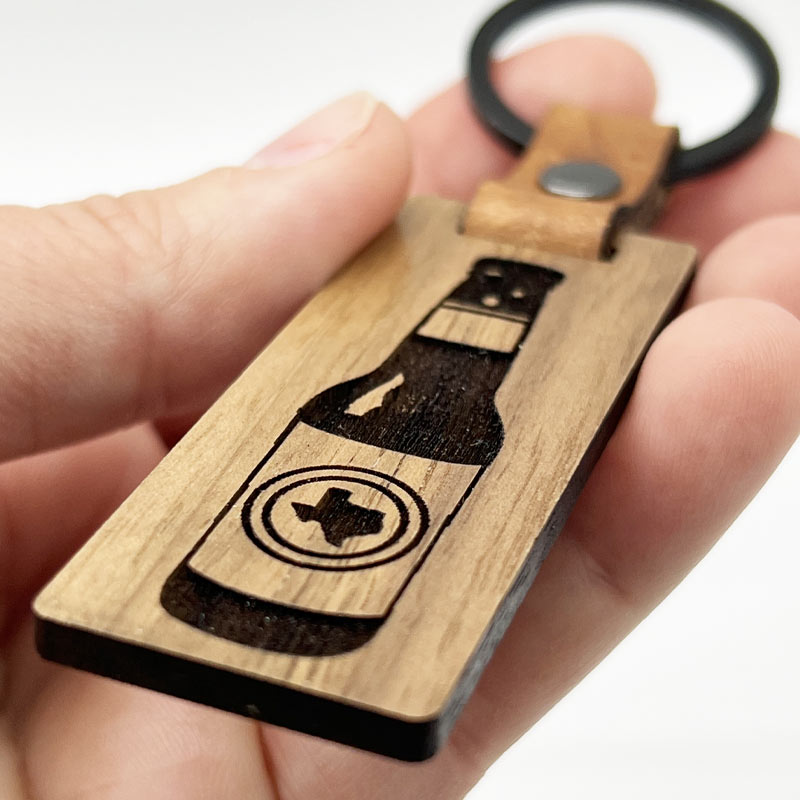 Texas Beer Walnut/Leather keychain, Texas keychain, Glowforge handmade keychain