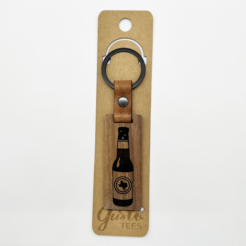 Texas Beer Walnut/Leather keychain, Texas keychain, Glowforge handmade keychain