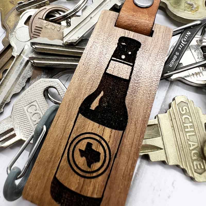 Texas Beer Walnut/Leather keychain, Texas keychain, Glowforge handmade keychain