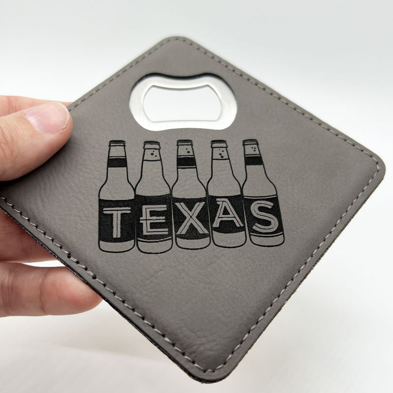 Texas Beer Bottles Gray Leatherette Coaster with Bottle Opener