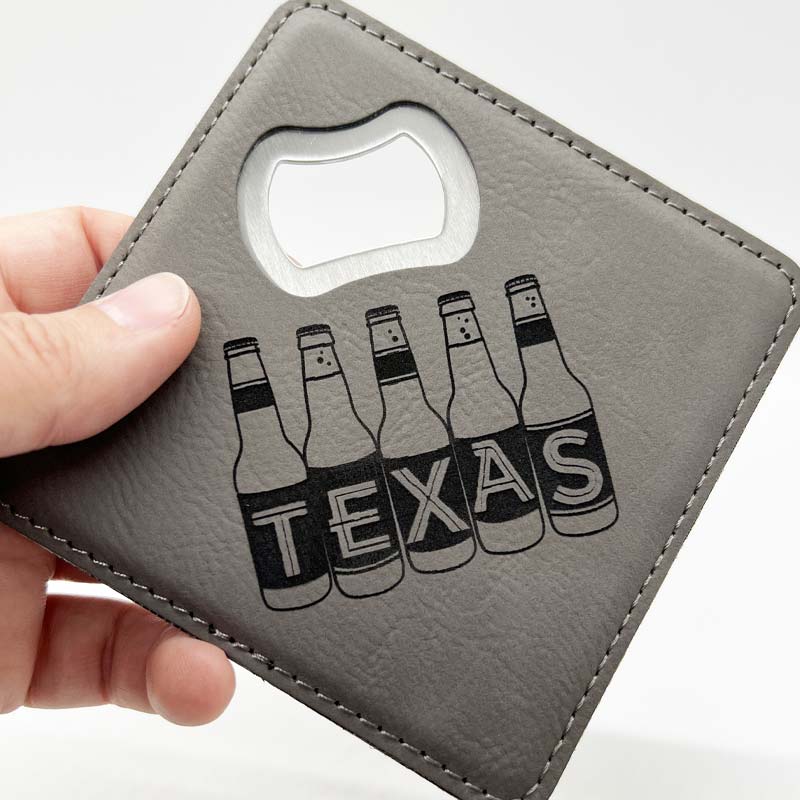 Texas Beer Bottles Gray Leatherette Coaster with Bottle Opener