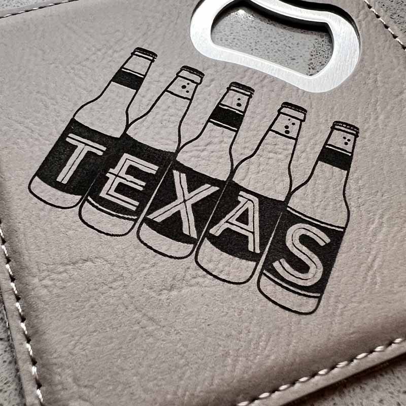 Texas Beer Bottles Gray Leatherette Coaster with Bottle Opener