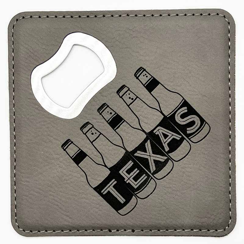 Texas Beer Bottles Gray Leatherette Coaster with Bottle Opener