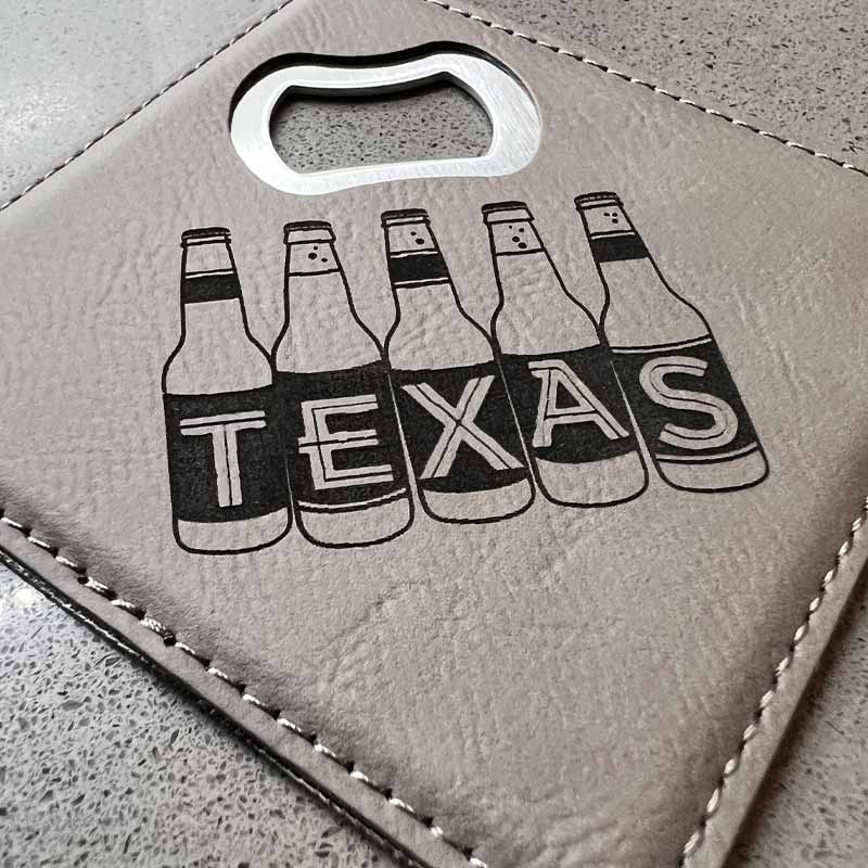 Texas Beer Bottles Gray Leatherette Coaster with Bottle Opener