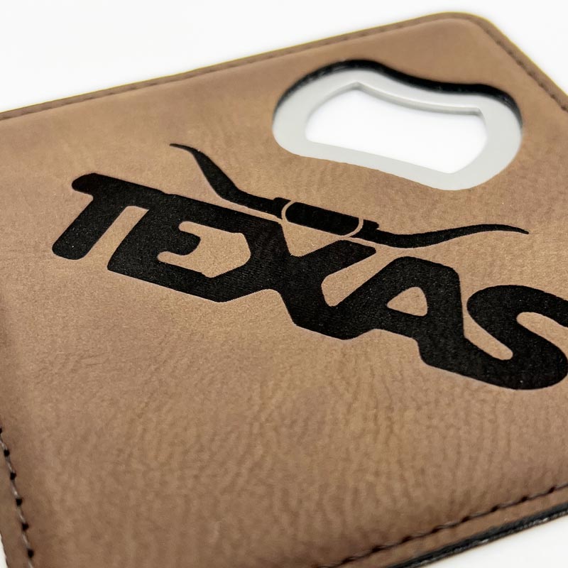 Texas Longhorn Dark Brown Leatherette Coaster with Bottle Opener