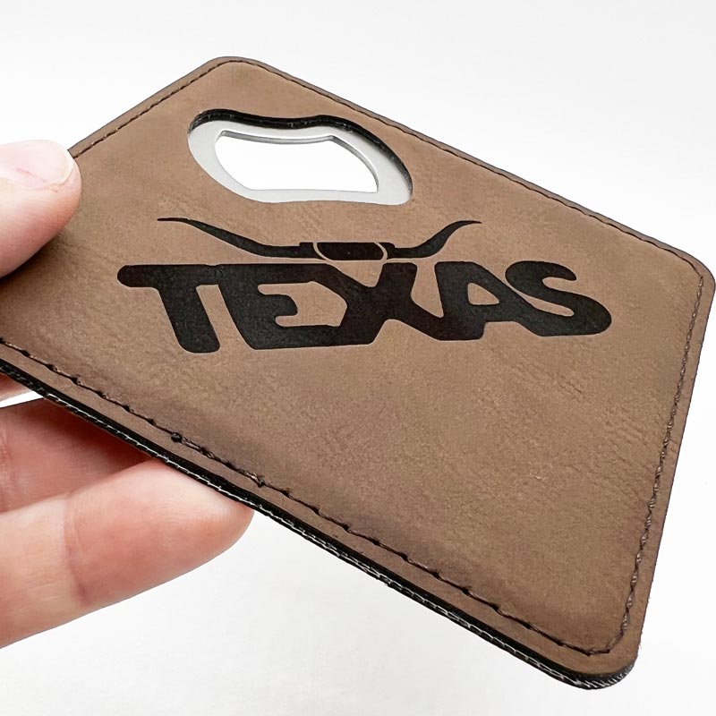 Texas Longhorn Dark Brown Leatherette Coaster with Bottle Opener