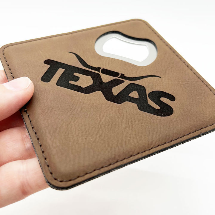 Texas Longhorn Dark Brown Leatherette Coaster with Bottle Opener