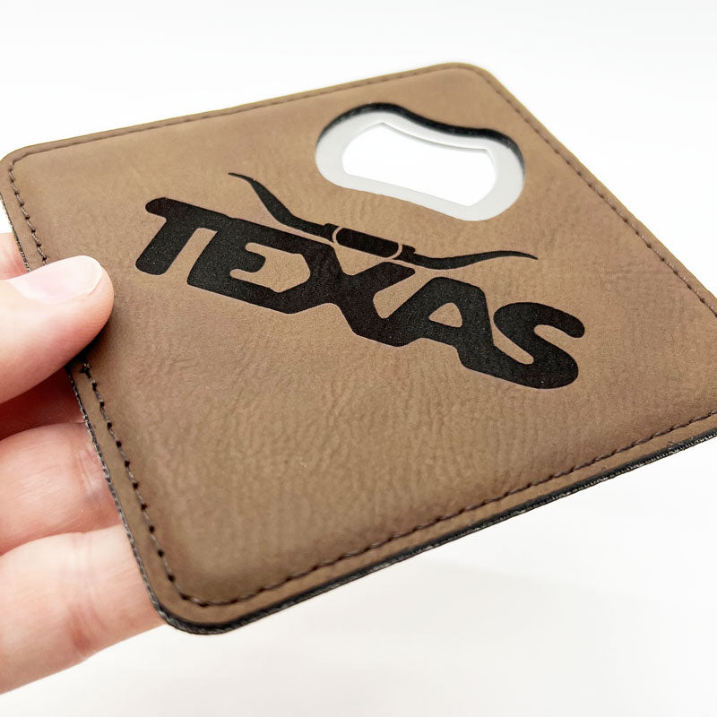 Texas Longhorn Dark Brown Leatherette Coaster with Bottle Opener