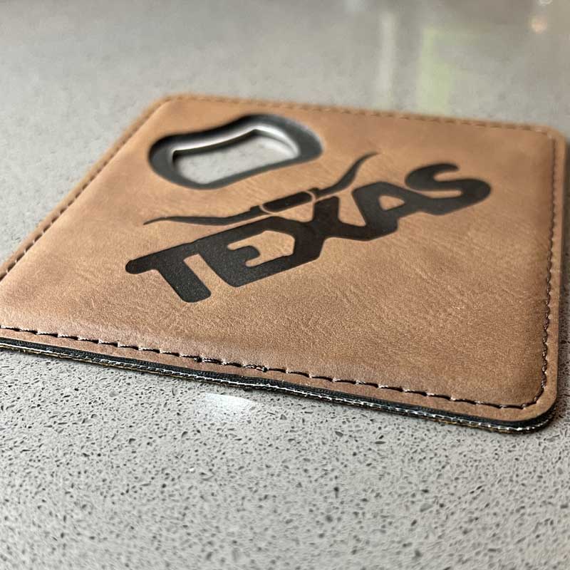 Texas Longhorn Dark Brown Leatherette Coaster with Bottle Opener