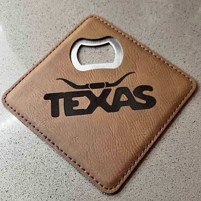 Texas Longhorn Dark Brown Leatherette Coaster with Bottle Opener