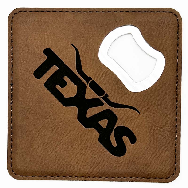 Texas Longhorn Dark Brown Leatherette Coaster with Bottle Opener
