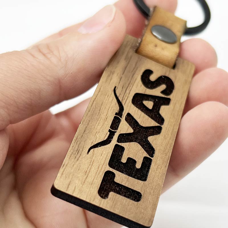 exas Longhorn Walnut/Leather keychain, Texas keychain, Glowforge handmade keychain