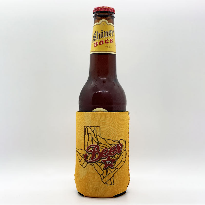 Texas Beer Can Cooler perfect for a Shiner Bock Beer, Neoprene Can Cooler, Texas Beer Design designed by Gusto Graphic Tees